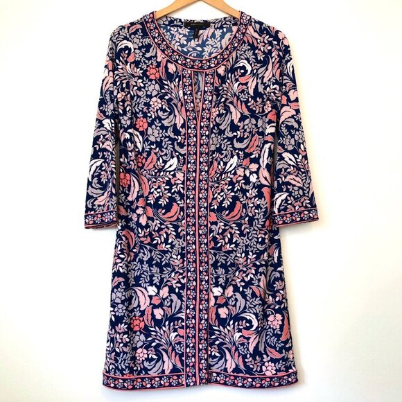 BCBGMAXAZRIA Calico Dress Navy Blue Pink Floral 3/4 Sleeve Cutout Mini Shift XS - Picture 2 of 11